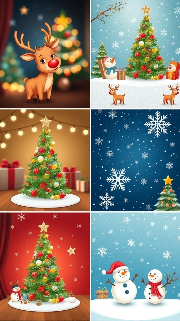 Festive Christmas Wallpaper Ideas A variety of cute Christmas wallpapers with reindeer, Christmas trees, and snowmen.